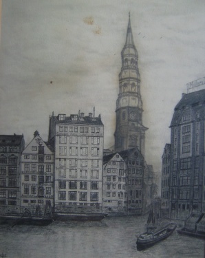 Blick von der Holzbrücke zur Katharienkirche, Zeichnung Edgar Groenewold, 1924